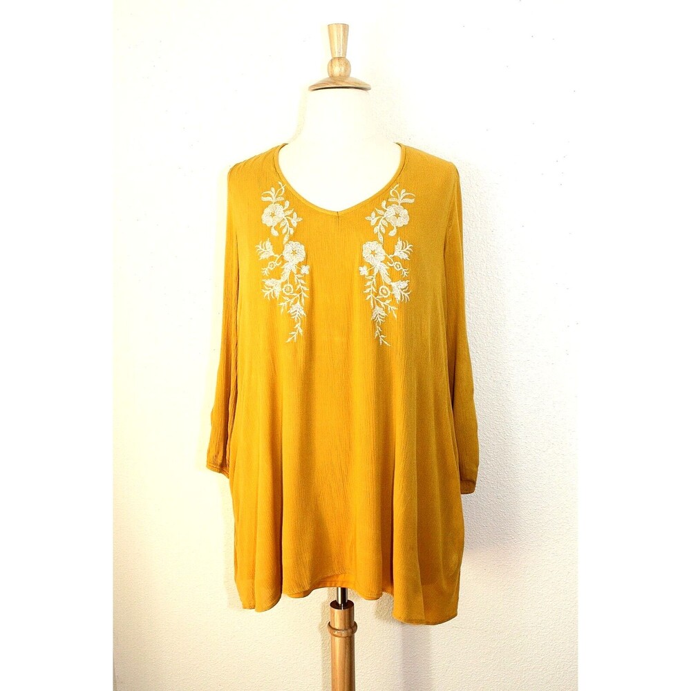 Cottagecore BOHO Tunic Top Sz. 2X Yellow White Embroidery Prairie Festival #04